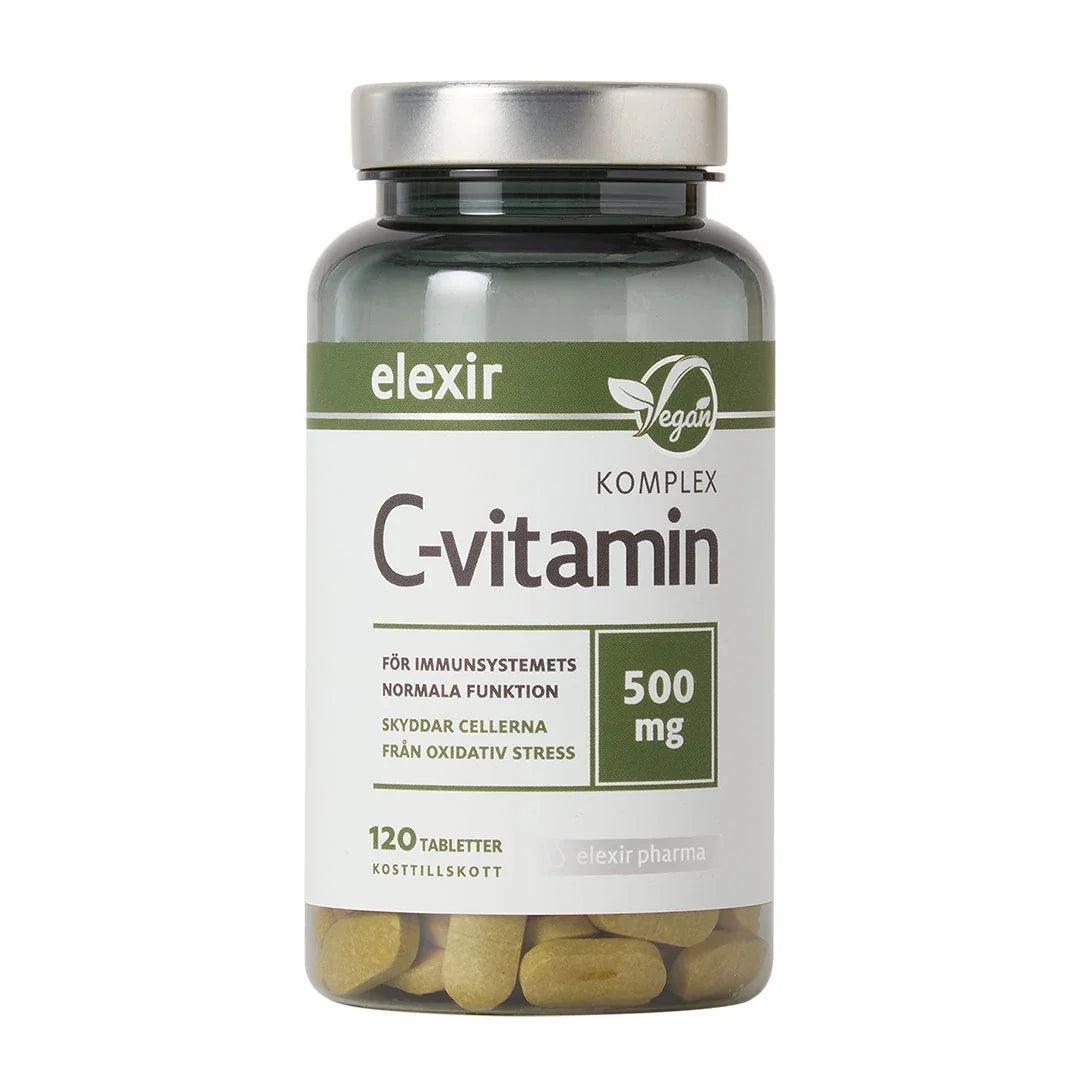 Elexir Pharma C-Vitamin Komplex 120 tabs, veganska vitamintabletter i en mörk burk med vit etikett och silverlock., bild 1 av 1