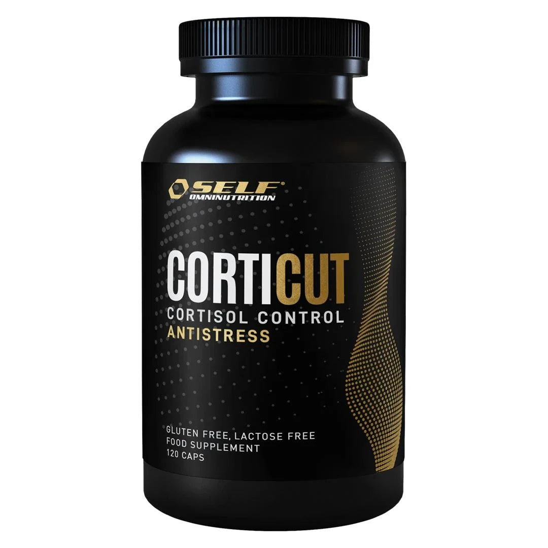 Self Omninutrition Corticut 120 caps, kosttillskott i en svart burk med vit text och gulddetaljer., bild 1 av 1
