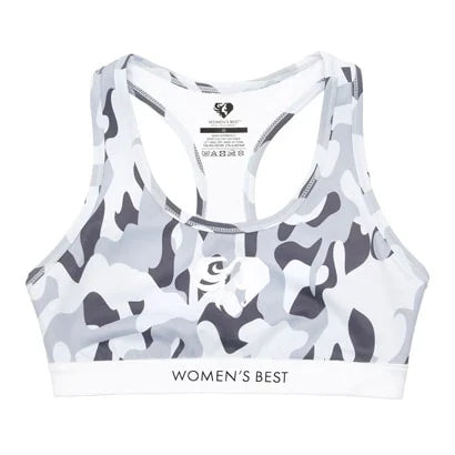 Womens Best Camo Fit Bra sport-bh i stretchigt grått kamouflagemönster med logotyp på det vita elastiska underbandet.