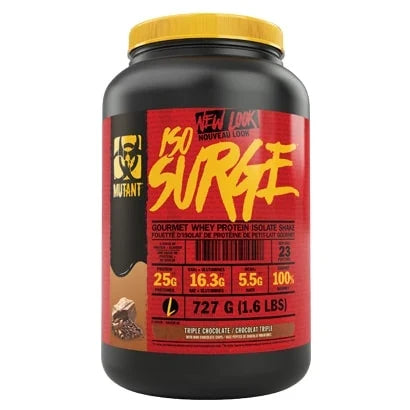 Mutant Nutrition ISO Surge 2.27 kg proteinpulver i en svart burk med röd etikett och gult lock.