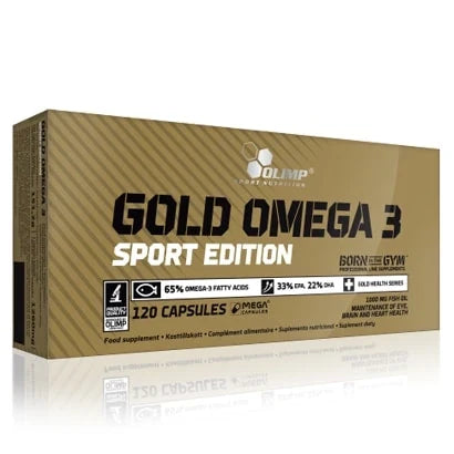 Olimp Gold Omega-3 Sport Edition 120 caps i en rektangulär guldfärgad ask med svarta detaljer.