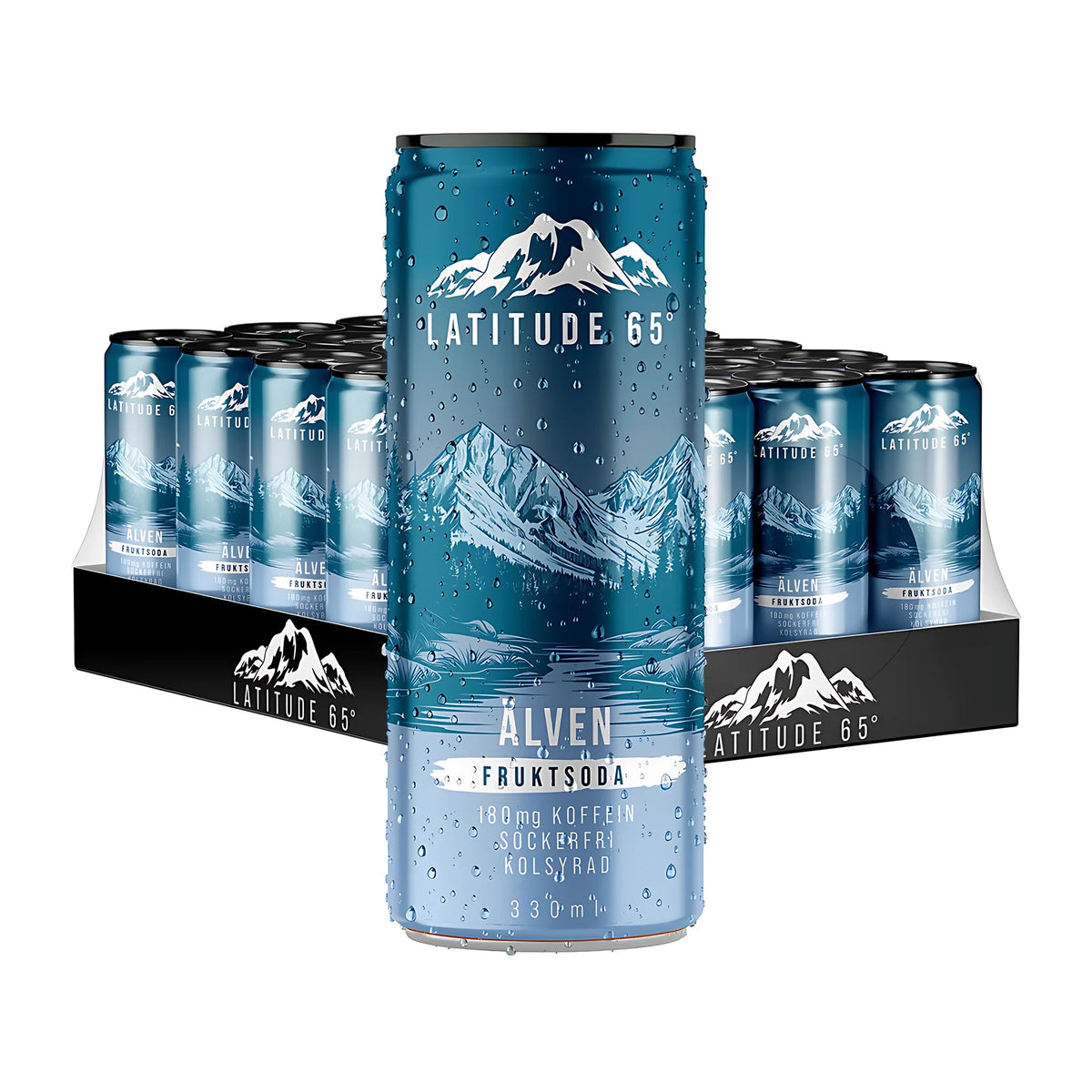 24 x Latitude 65 330 ml Älven - Fruktsoda i ett 24-pack med blå kolsyrade dryckesburkar prydda med ett bergsmotiv.