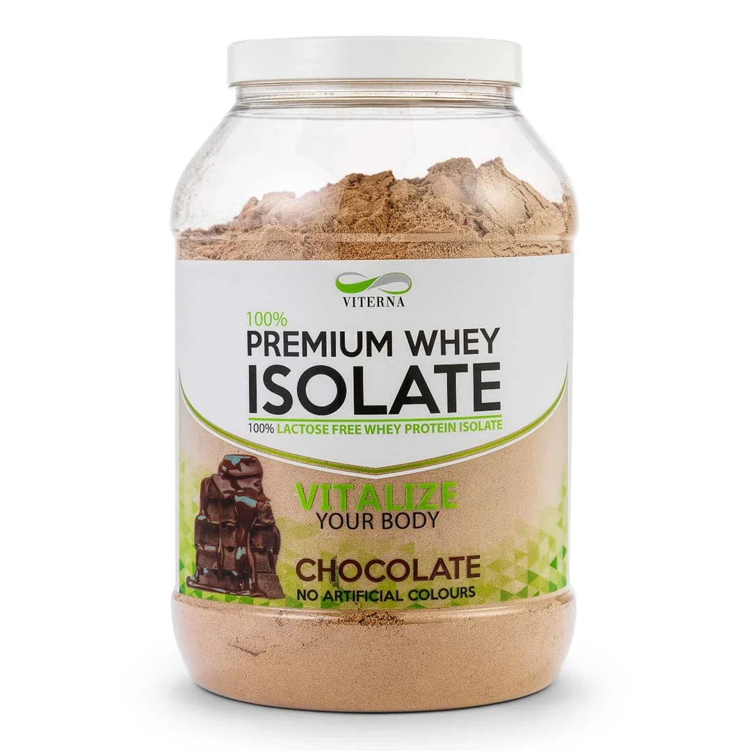 Viterna 100% Premium Whey Isolate 2 kg proteinpulver i en transparent burk med grönvit etikett för smaken Chocolate., bild 1 av 3