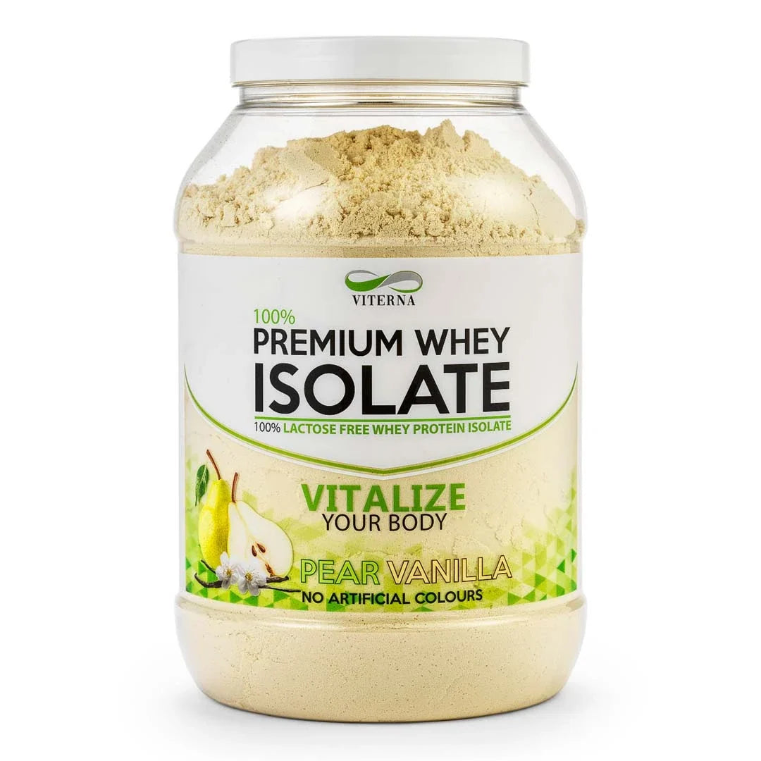 Viterna 100% Premium Whey Isolate 2 kg proteinpulver i en transparent burk med vit etikett för smaken Pear Vanilla., bild 2 av 3