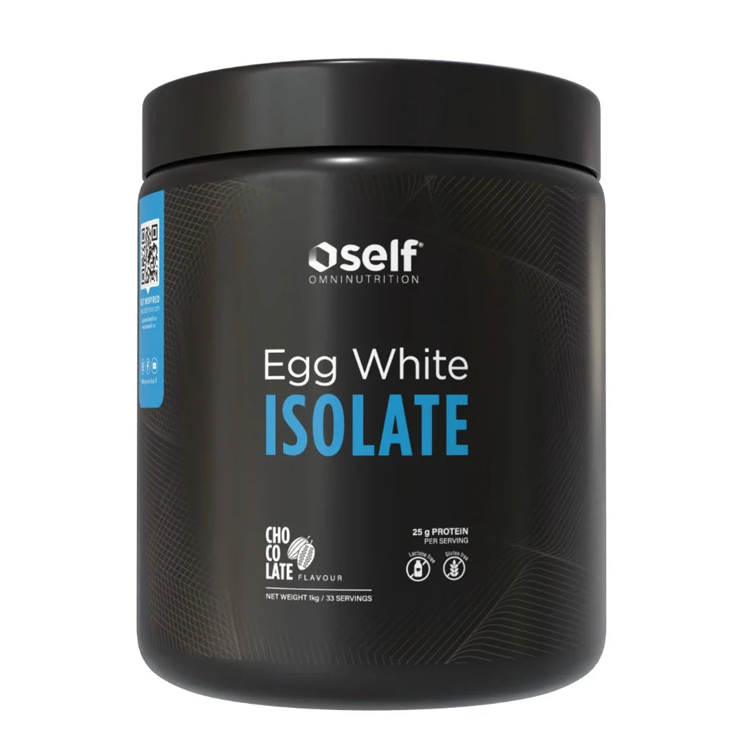 Self Omninutrition Egg White Isolate 1 kg proteinpulver i en svart burk med blå och vita detaljer för smaken Chocolate.