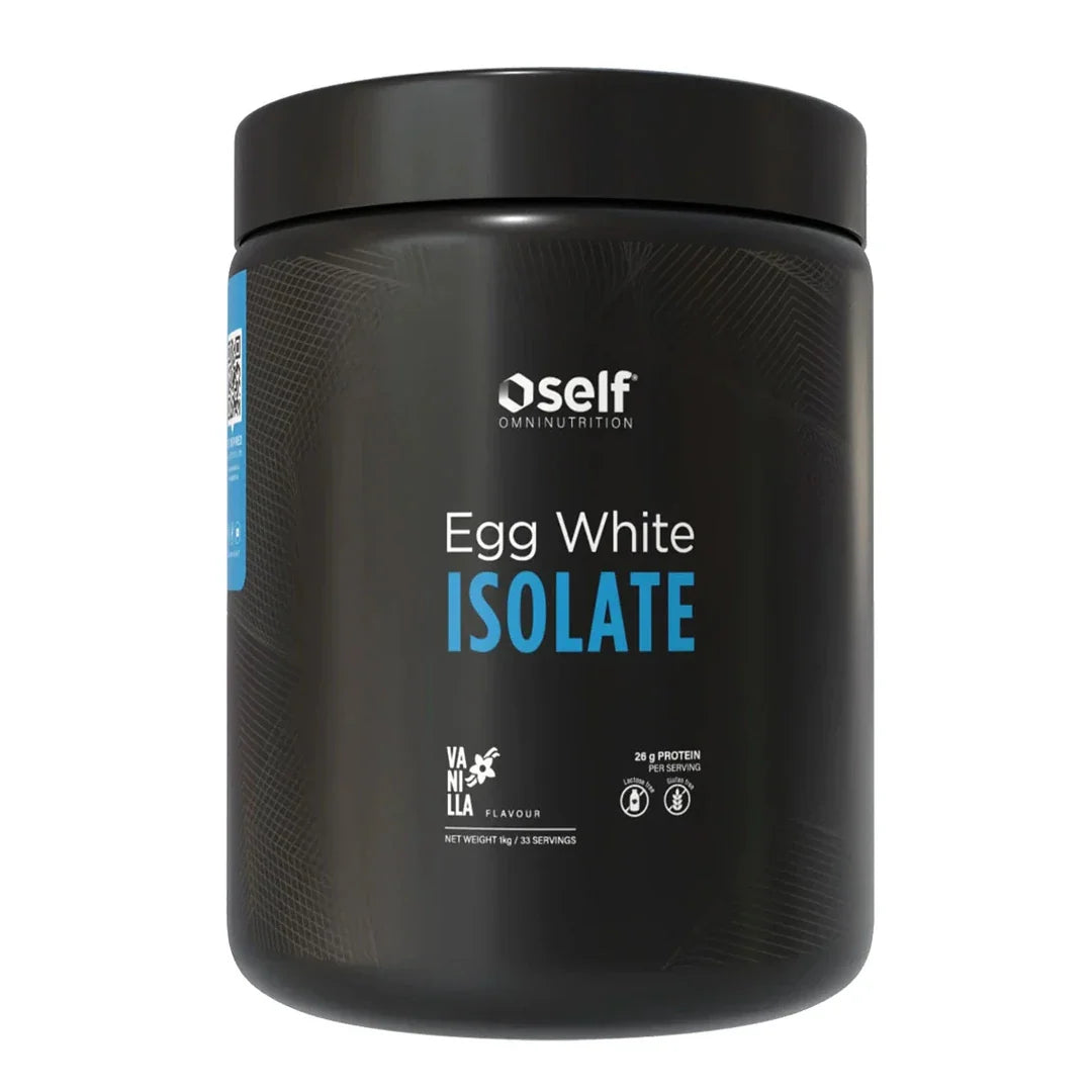 Self Omninutrition Egg White Isolate 1 kg proteinpulver i en svart burk med blå detaljer för smaken Vanilla.