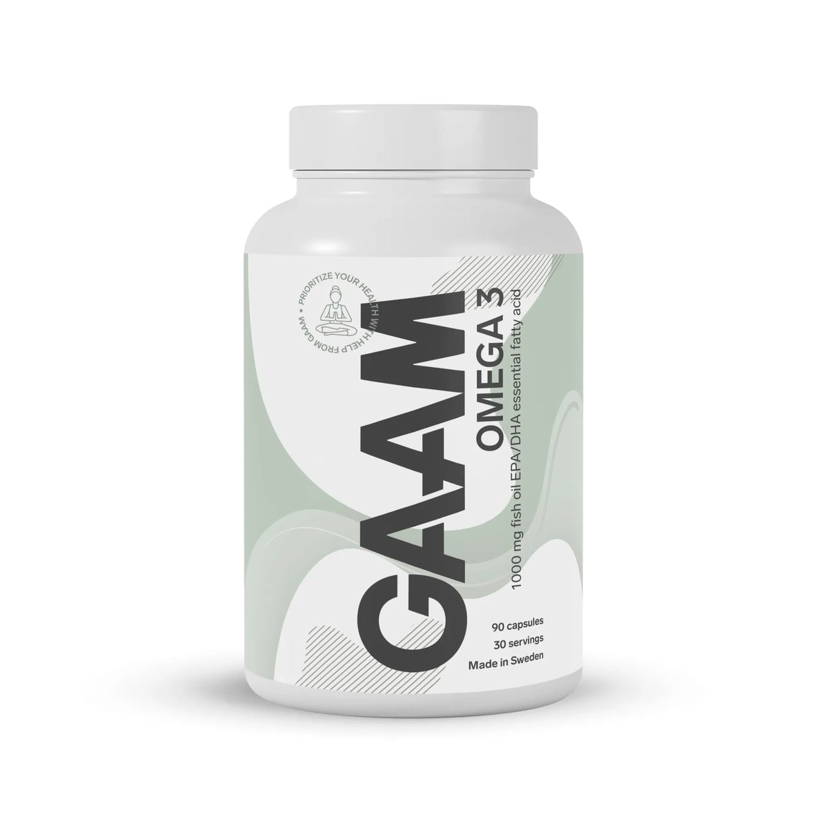 Vit burk med GAAM Omega-3 90 caps kosttillskott, med ljusgrön och vit etikett med svart text.