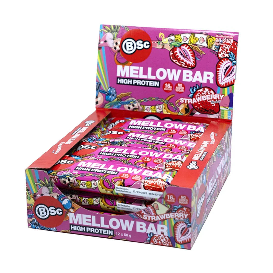 12 x BSc Mellow Bar 50 g Strawberry proteinbars i en färgstark rosa displaylåda., bild 1 av 1