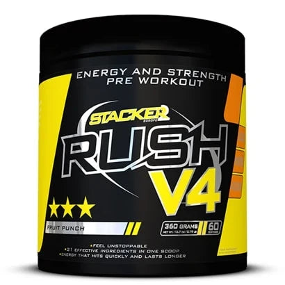 Stacker2 Rush V4 360 g pre-workout i pulverform, förpackad i en svart burk med gula detaljer och text för smaken Fruit Punch., bild 1 av 2