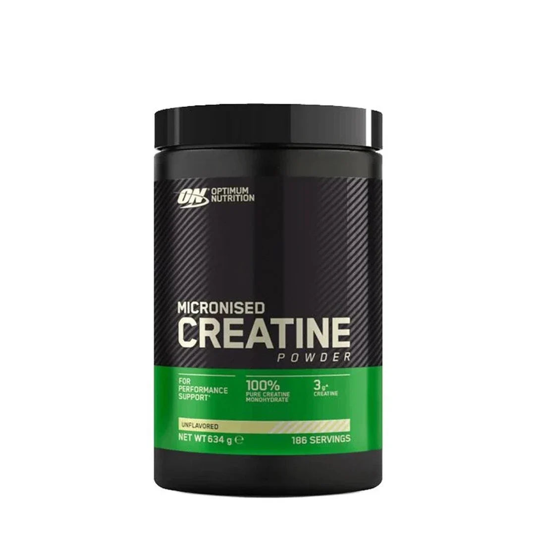 Optimum Nutrition Creatine Powder 634 g i en svart burk med gröna detaljer., bild 1 av 1