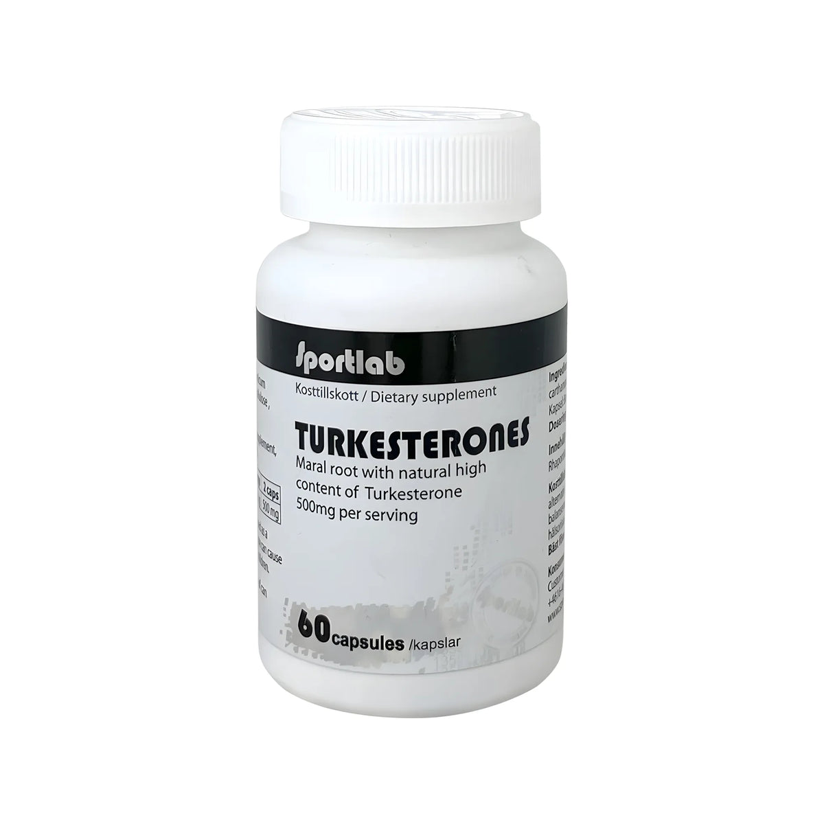 Sportlab Turkesterone 60 caps kosttillskott i en vit burk med svarta detaljer och text för testosteronhöjare., bild 1 av 1