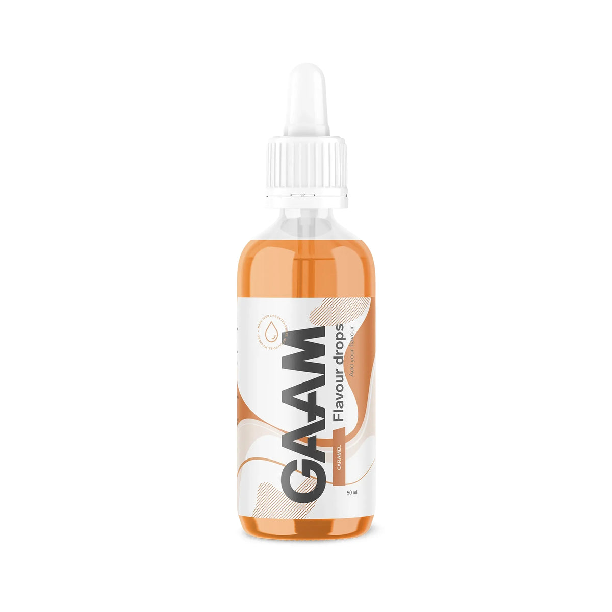 GAAM Flavour drops 50 ml smakdroppar i en transparent flaska med vit pipett för smaken Caramel.