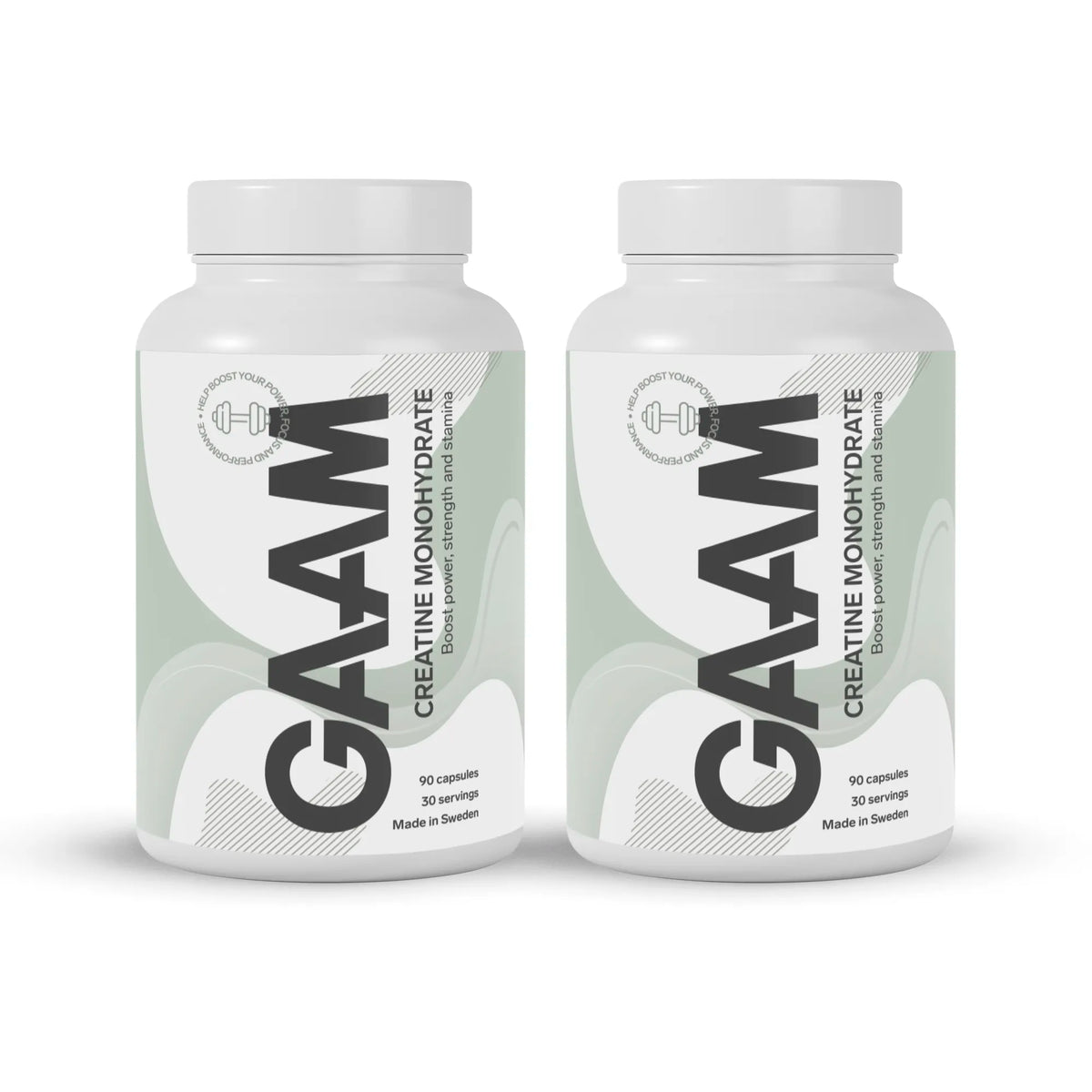 2 x GAAM Creatine Monohydrate 90 caps i vita burkar med grå och gröna detaljer.
