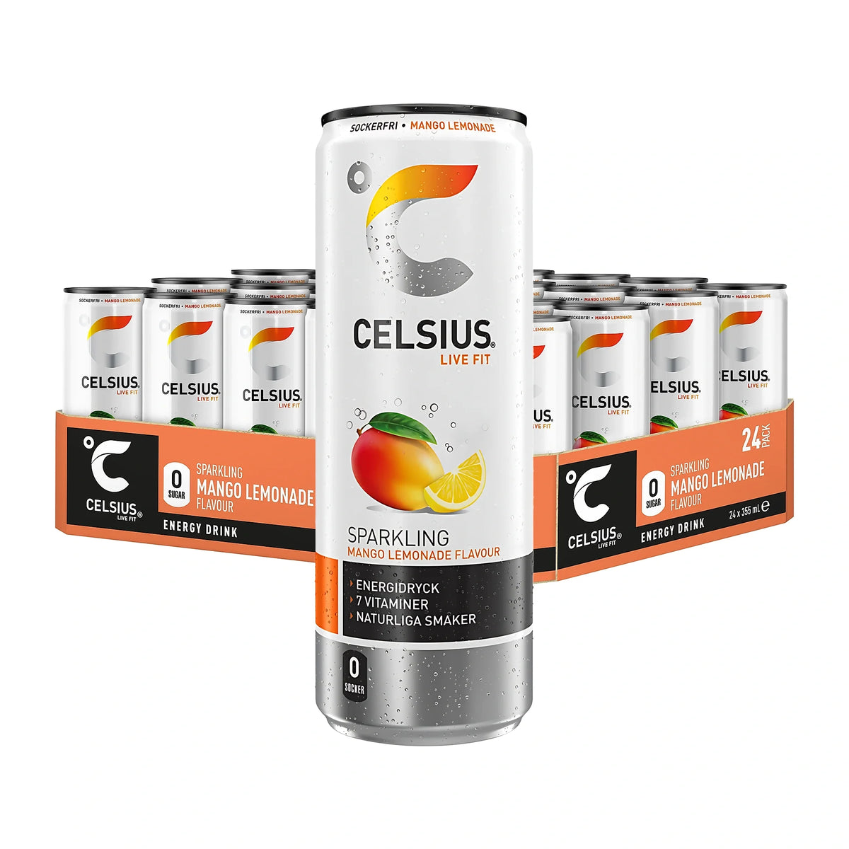 Ett flak med 24 x Celsius 355 ml Mango Lemonade, vita energidrycksburkar med färgglada detaljer och fruktmotiv., bild 1 av 1