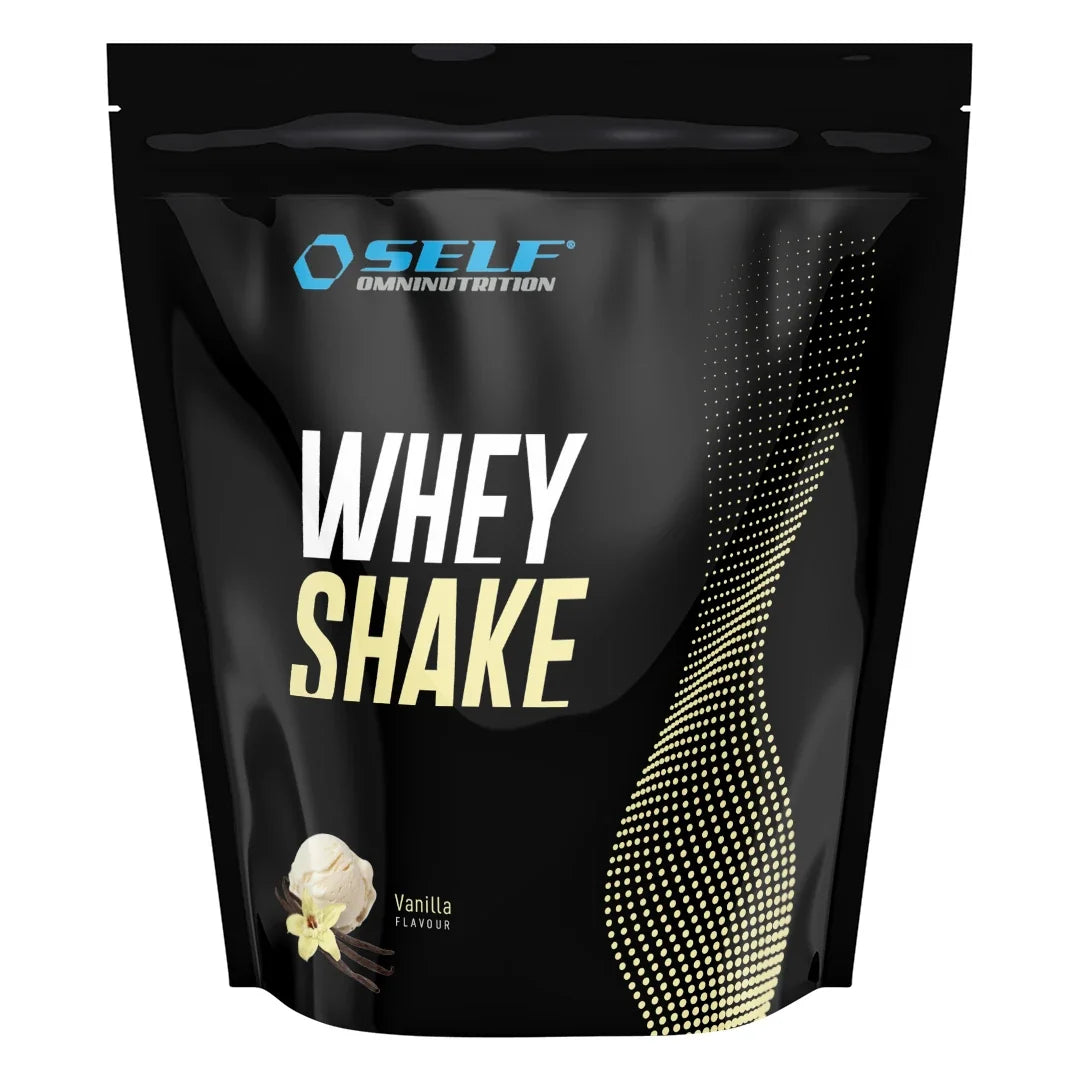 Self Omninutrition Whey Shake 1 kg proteinpulver, förpackad i en svart påse med motiv för smaken Vanilla., bild 1 av 1