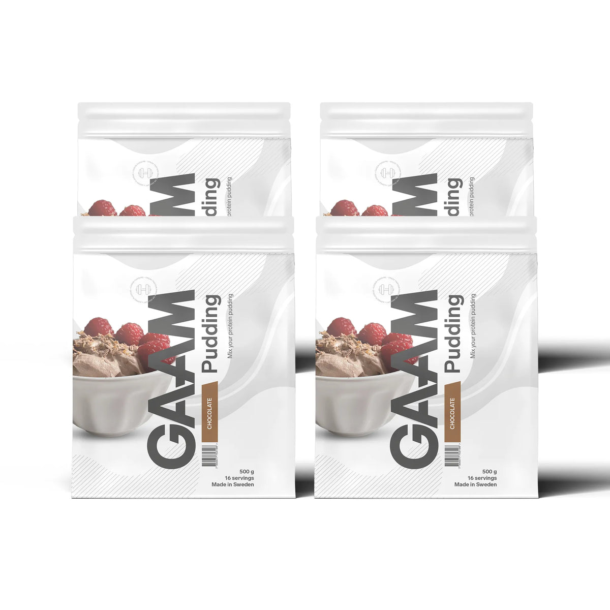 4 x GAAM Pudding 500 g i vita påsar för smaken choklad, med en bild på krämig chokladpudding och hallon., bild 1 av 1