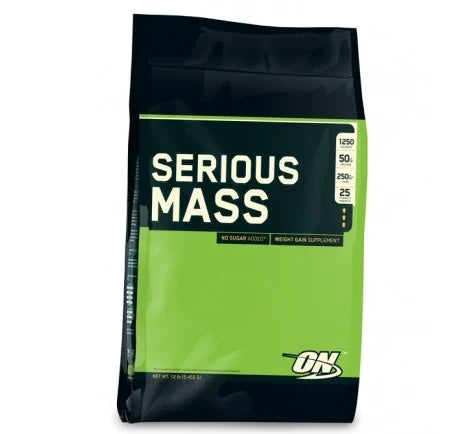 Optimum Nutrition Serious Mass 5.44 kg gainer i en svart och grön påse med tydlig logotyp och produktnamn.