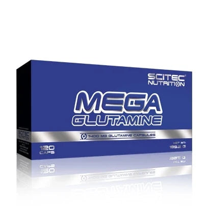 Scitec Nutrition Mega Glutamine 120 caps aminosyratillskott i en blå kartong med silvriga detaljer., bild 1 av 1