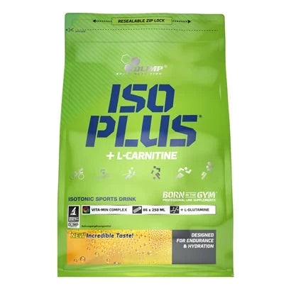 Olimp Iso Plus 1.5 kg isotonisk sportdryck i pulverform, förpackad i en ljusgrön påse med blå text och detaljer., bild 2 av 3