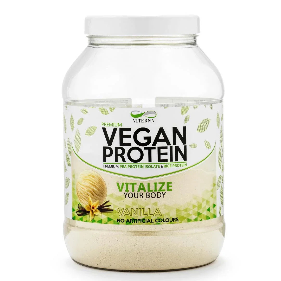 Viterna Vegan Protein 900 g proteinpulver i en transparent burk med gröna detaljer för smaken Vanilla.
