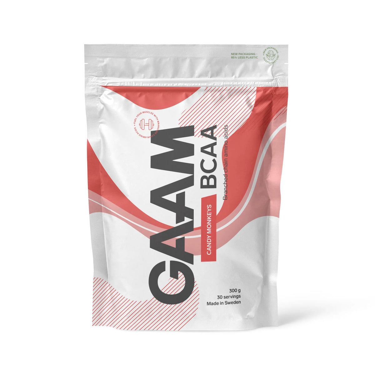GAAM BCAA 300 g aminosyror i en vit påse med rosa detaljer för smaken Candy Monkeys.