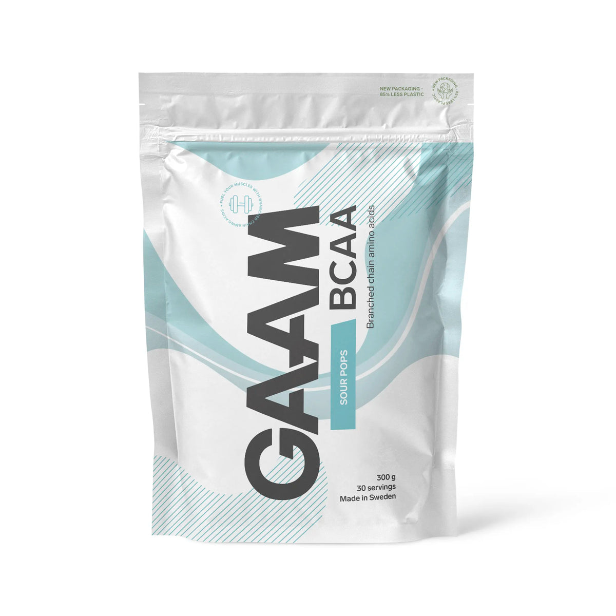 GAAM BCAA 300 g aminosyror i en vit påse med ljusblå detaljer för smaken Sour Pops., bild 4 av 9