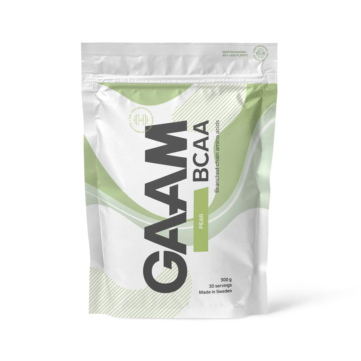 GAAM BCAA 300 g aminosyror i en vit påse med ljusgröna detaljer för smaken Pear., bild 5 av 9