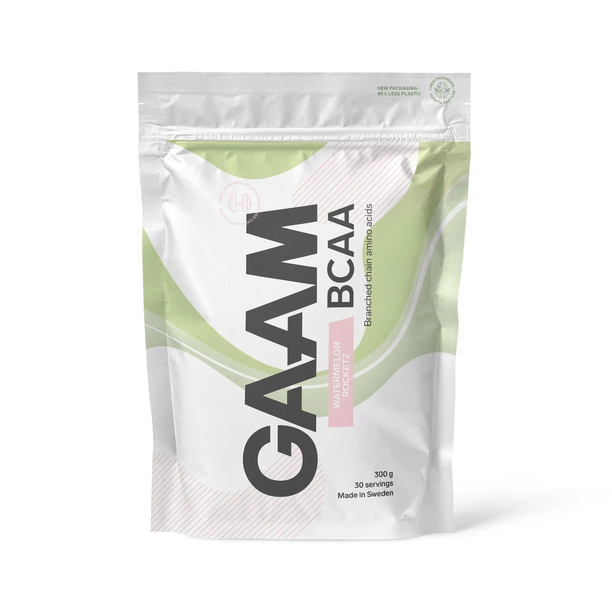 GAAM BCAA 300 g aminosyror i en vit påse med gröna och rosa detaljer för smaken Watermelon Rocketz., bild 8 av 9