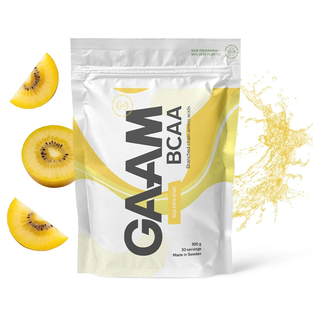 GAAM BCAA 300 g aminosyror i en vit påse med gula detaljer för smaken Golden Kiwi., bild 9 av 9
