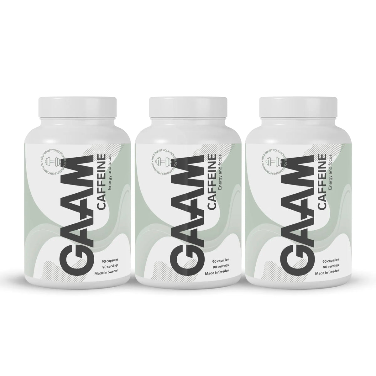3 x GAAM Caffeine 90 tabs i tre vita burkar med svarta bokstäver och mönster i gröna nyanser.