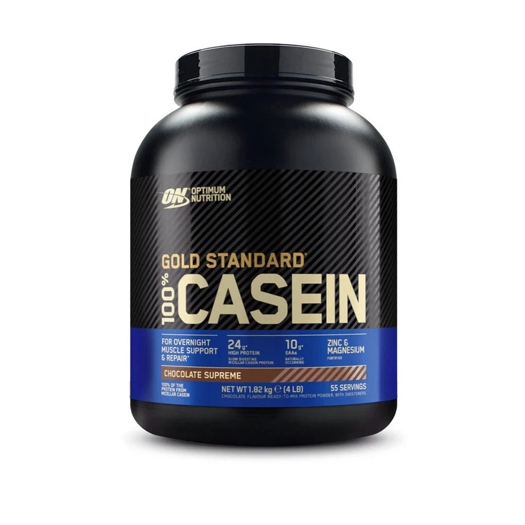 Optimum Nutrition 100% Casein Gold Standard 1.8 kg i en svart burk med blå detaljer för smaken Chocolate Supreme., bild 1 av 2
