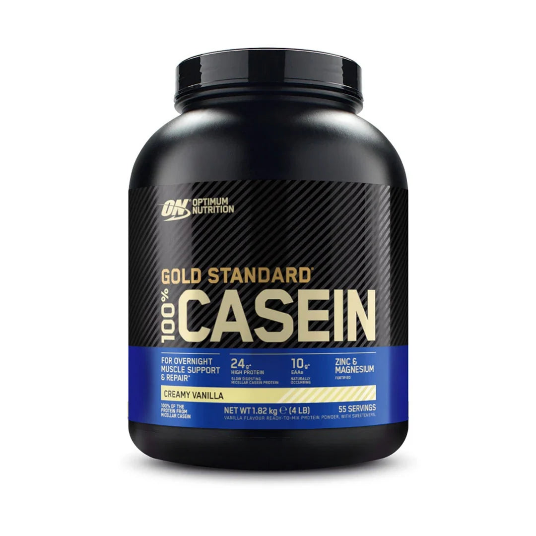 Optimum Nutrition 100% Casein Gold Standard 1.8 kg proteinpulver i en svart burk med blå detaljer för smaken Creamy Vanilla.