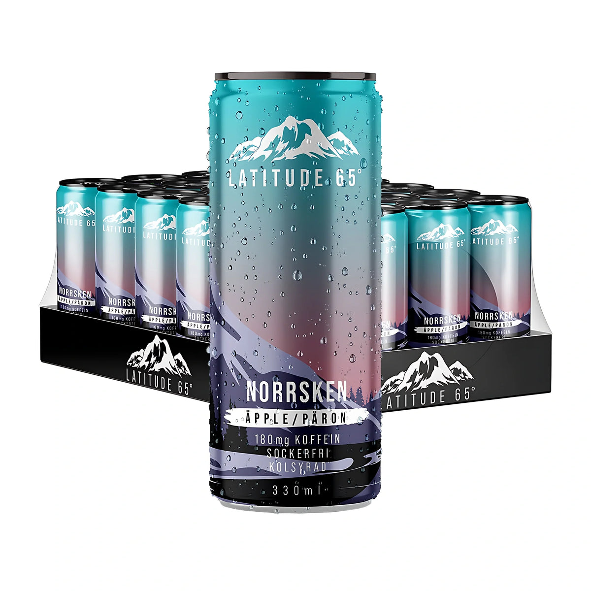 24 x Latitude 65 330 ml Norrsken - Äpple & Päron i ett flak med 24 burkar och en daggvåt burk framför i turkos och lila färg med fjällmotiv.