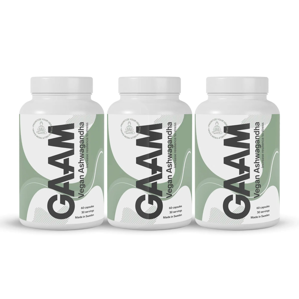 3 x GAAM Vegan Ashwagandha 60 caps i tre vita burkar med gröna och svarta detaljer.