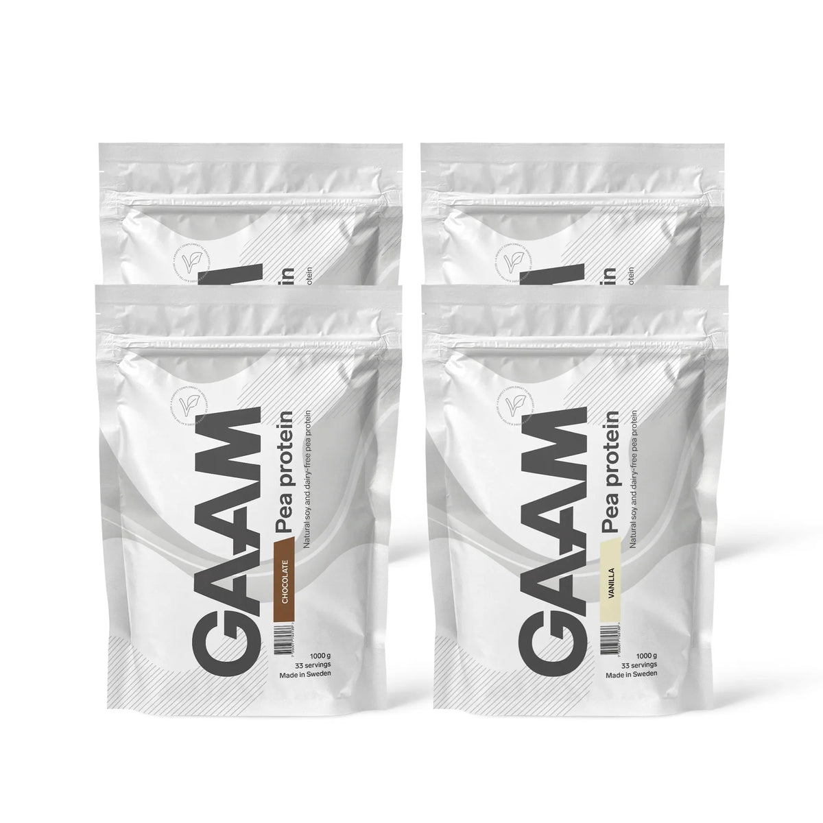 4 x GAAM Pea Protein 1 kg i vita påsar med svarta detaljer för smakerna Chocolate och Vanilla.