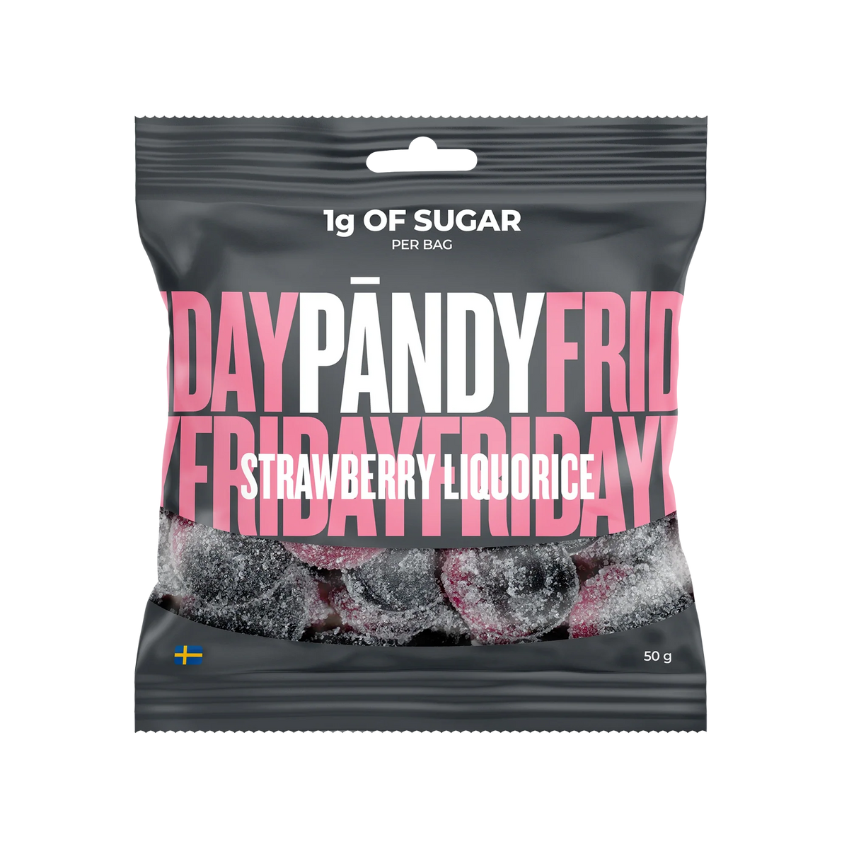 Pändy Candy 50 g gelégodis i en mörkgrå påse med rosa text för smaken Strawberry/Liquorice., bild 1 av 1