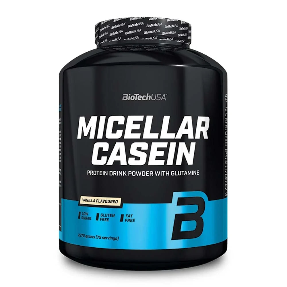 BioTechUSA Micellar Casein 2.27 kg kaseinprotein i en svart burk med blå detaljer för smaken Vanilla.