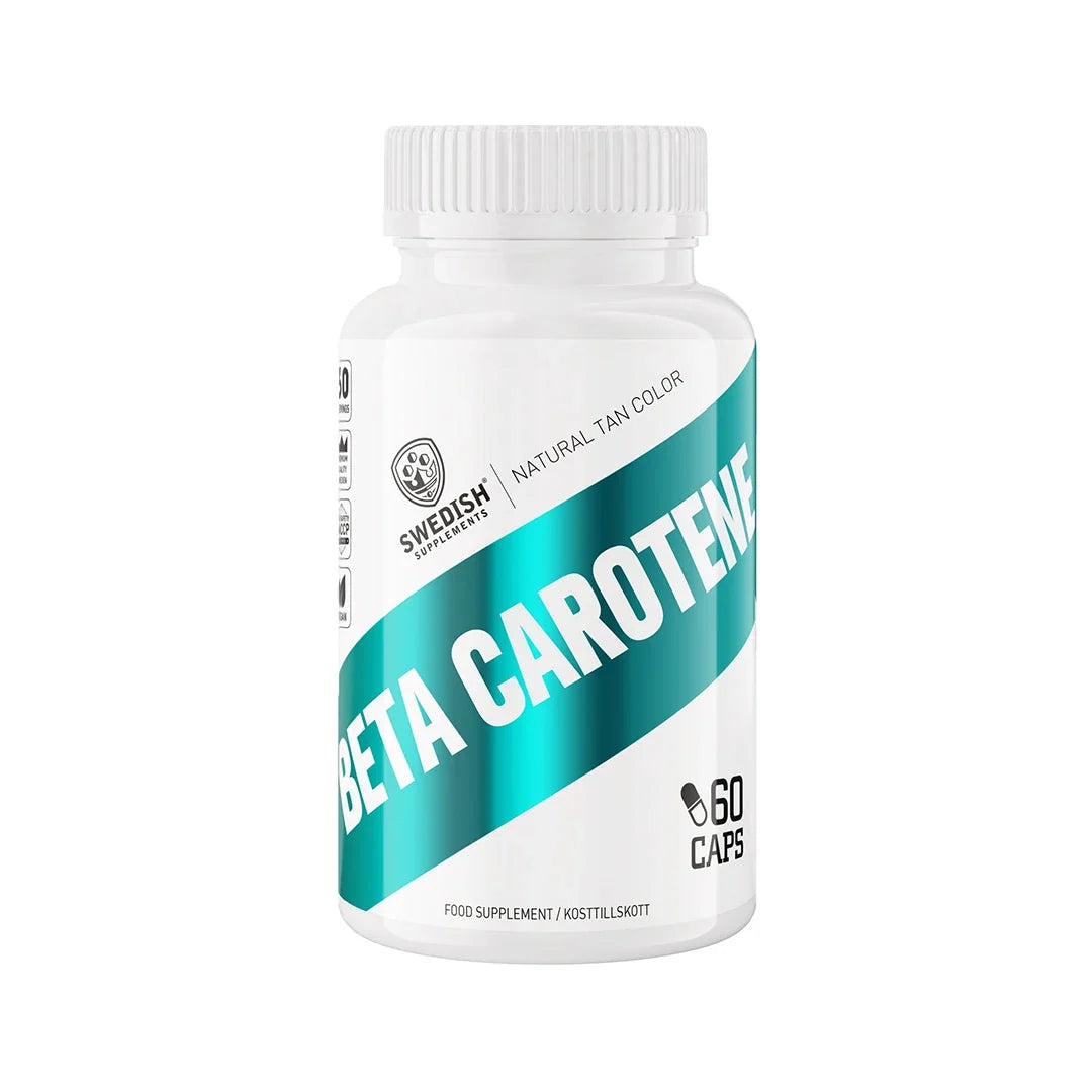 Swedish supplements Beta Caroten 60 caps i en vit burk med turkosa detaljer, för en naturligt solbrun hud., bild 1 av 1