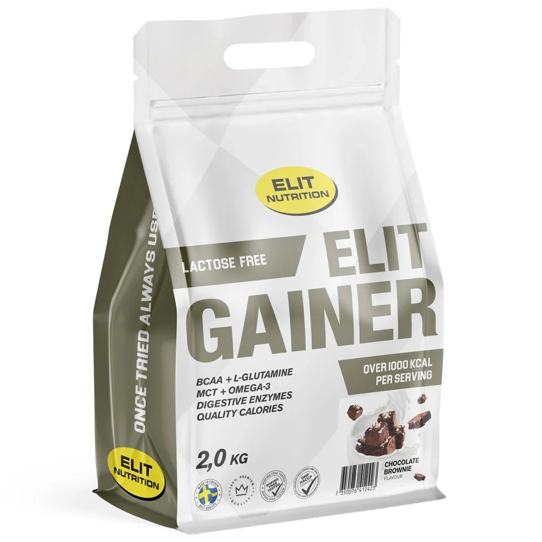 Elit Nutrition Gainer - Lactose Free 2 kg i pulverform, förpackad i en vit påse med smaken Chocolate Brownie., bild 1 av 1