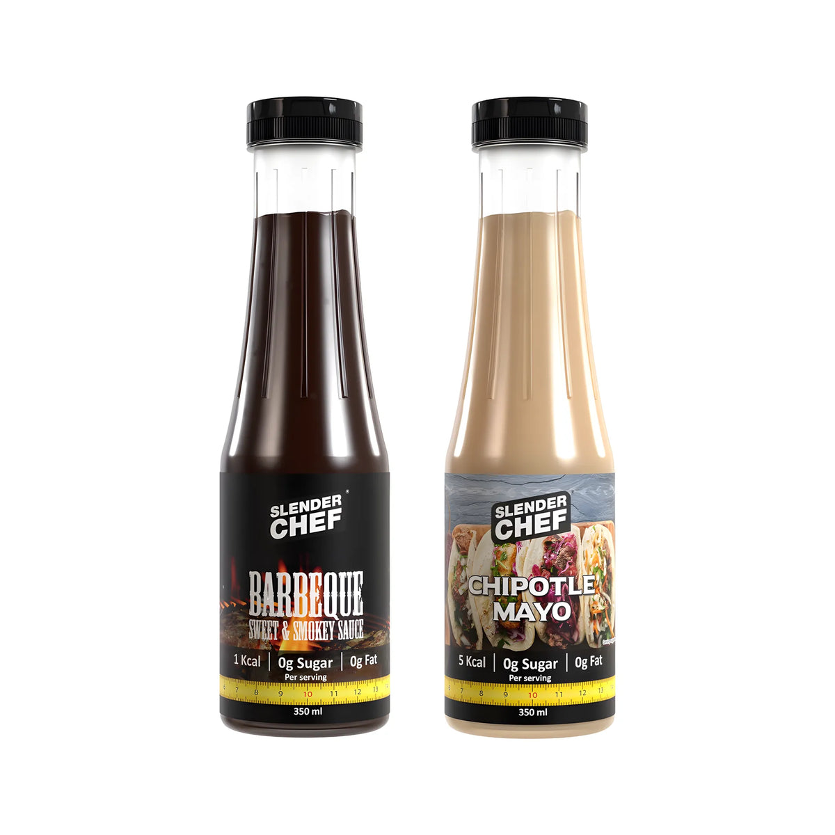 2 x Slender Chef Sauce 350 ml i två olika smaker uppställda bredvid varandra: Barbeque Sweet &amp; Smokey och Chipotle Mayo., bild 1 av 1