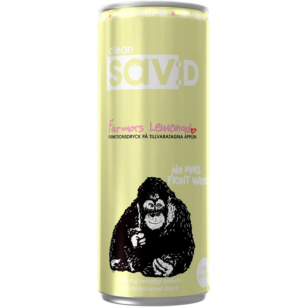 Ljusgul burk med Clean Sav:D 330 ml funktionsdryck i smaken Farmors Lemonad, prydd med en apa.