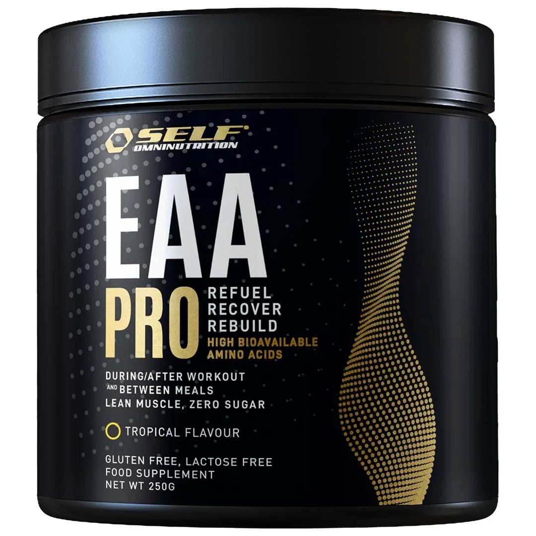 Self Omninutrition EAA Pro 200 g aminosyror i en svart burk med guldiga detaljer för smaken Tropical.