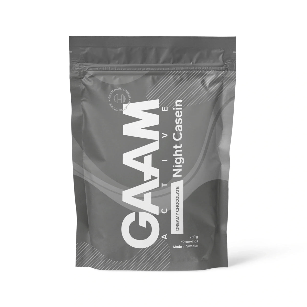 GAAM Active Night Casein 750 g kaseinprotein i en mörkgrå påse för smaken Dreamy Chocolate.