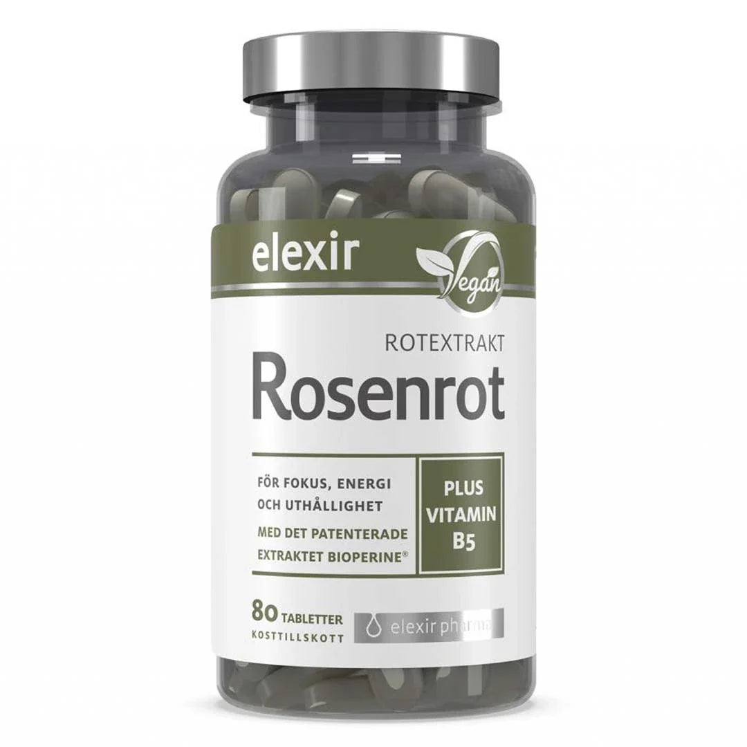 Elexir Pharma Rosenrot 80 tabs i en transparent burk med vit och grön etikett samt vegansymbol.