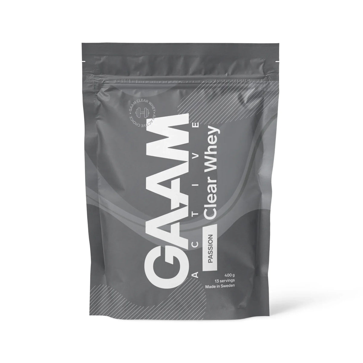 GAAM Active Clear Whey 400 g proteinpulver i en grå påse med vit text för smaken Passion Fruit.