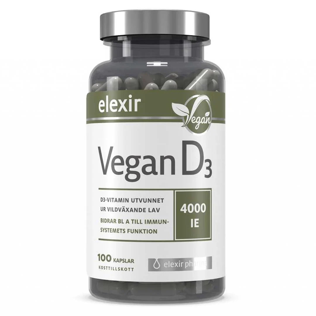 Elexir Pharma D3 Vegan Vitamin 4000IE 100 caps i en genomskinlig burk med vit och grön etikett samt silverlock.