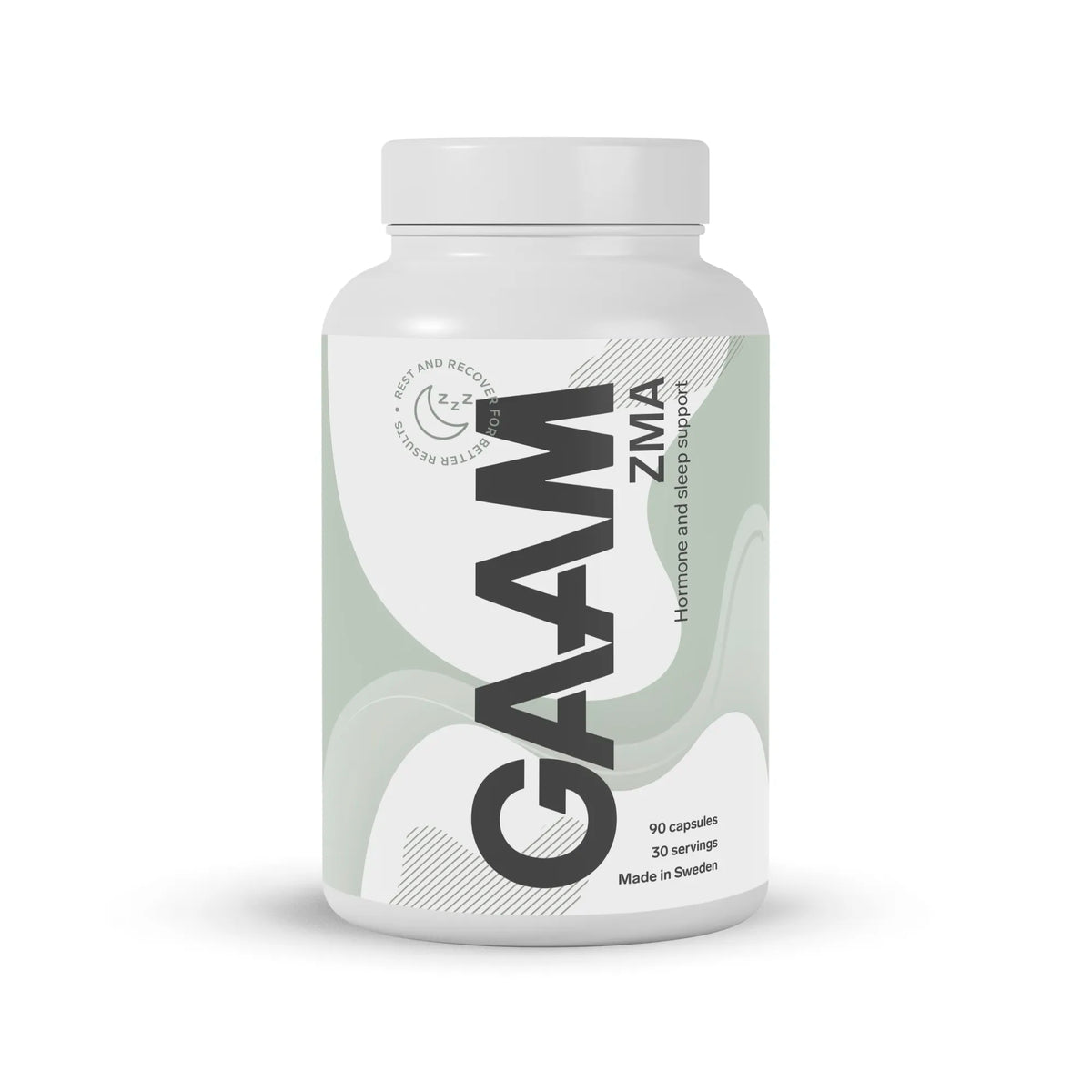GAAM ZMA 90 caps kosttillskott i en vit burk med grågröna detaljer, anpassad för hormonbalans och sömn.