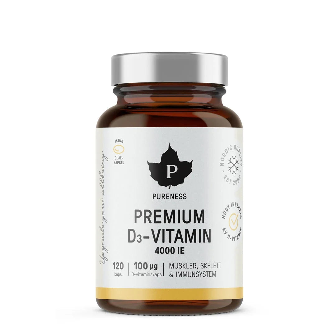 Pureness Premium D-Vitamin 120 caps i en brun glasburk med silverlock och vit etikett med gula detaljer.