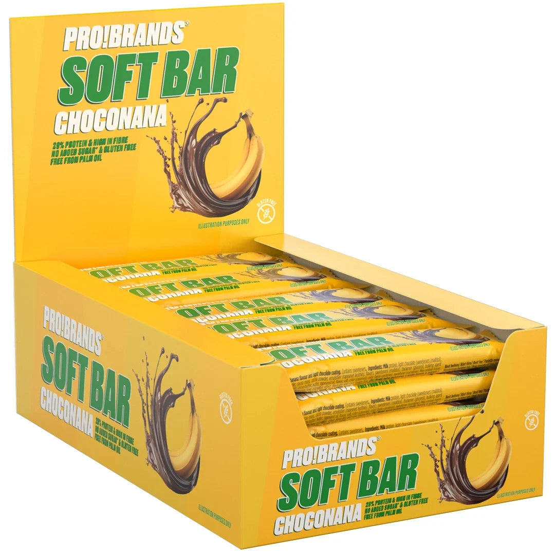 15 x Pro Brands Softbar 40 g Choconana i en gul låda fylld med matchande proteinbars.