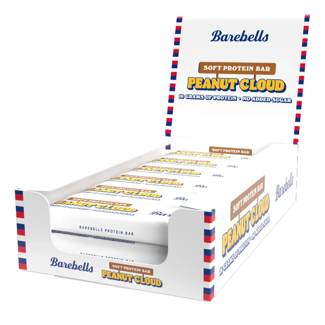 12 x Barebells Soft protein bar 55 g Peanut Cloud i en vit displaybox med röda och blå detaljer., bild 1 av 1